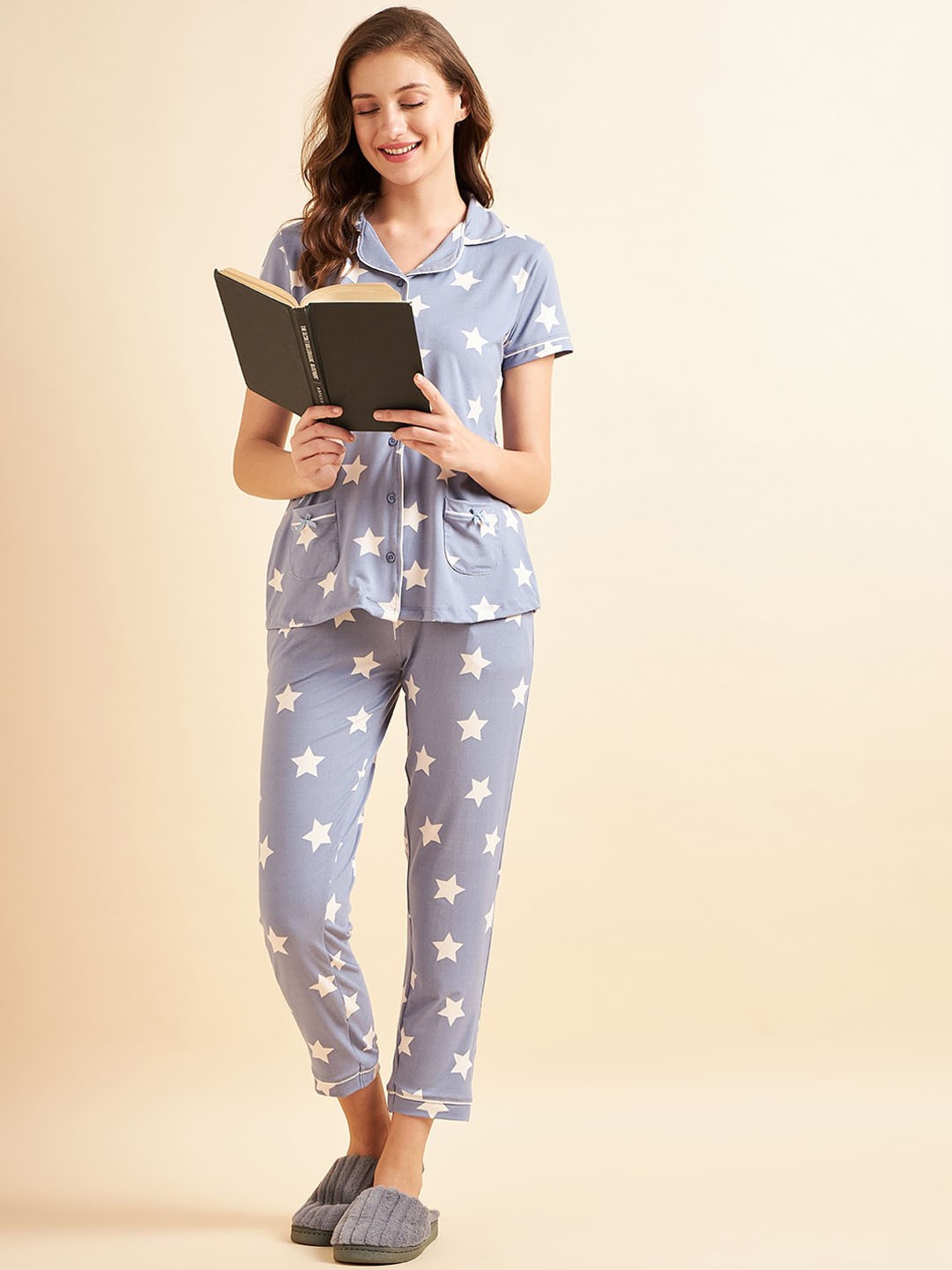 

Sweet Dreams Lavender & White Conversational Printed Pure Cotton Night Suit