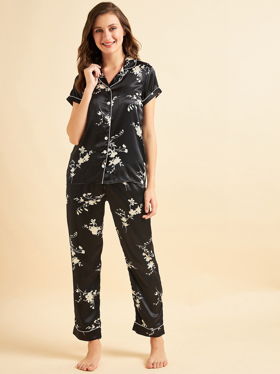 

Sweet Dreams Black & Cream-Coloured Floral Printed Satin Night Suit