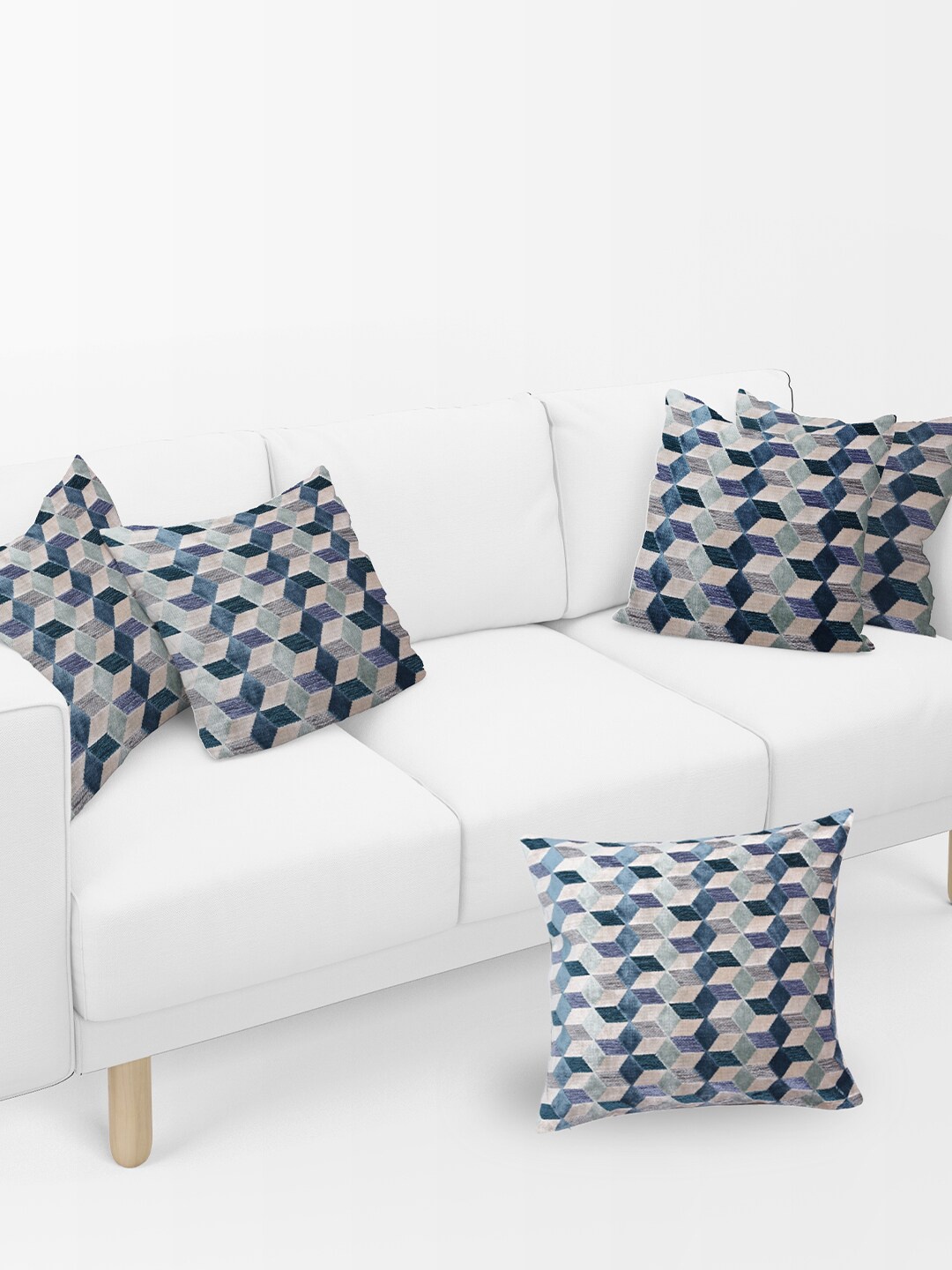 

Just Home Blue & Beige 5 Pieces Geometric Velvet Square Cushion Covers