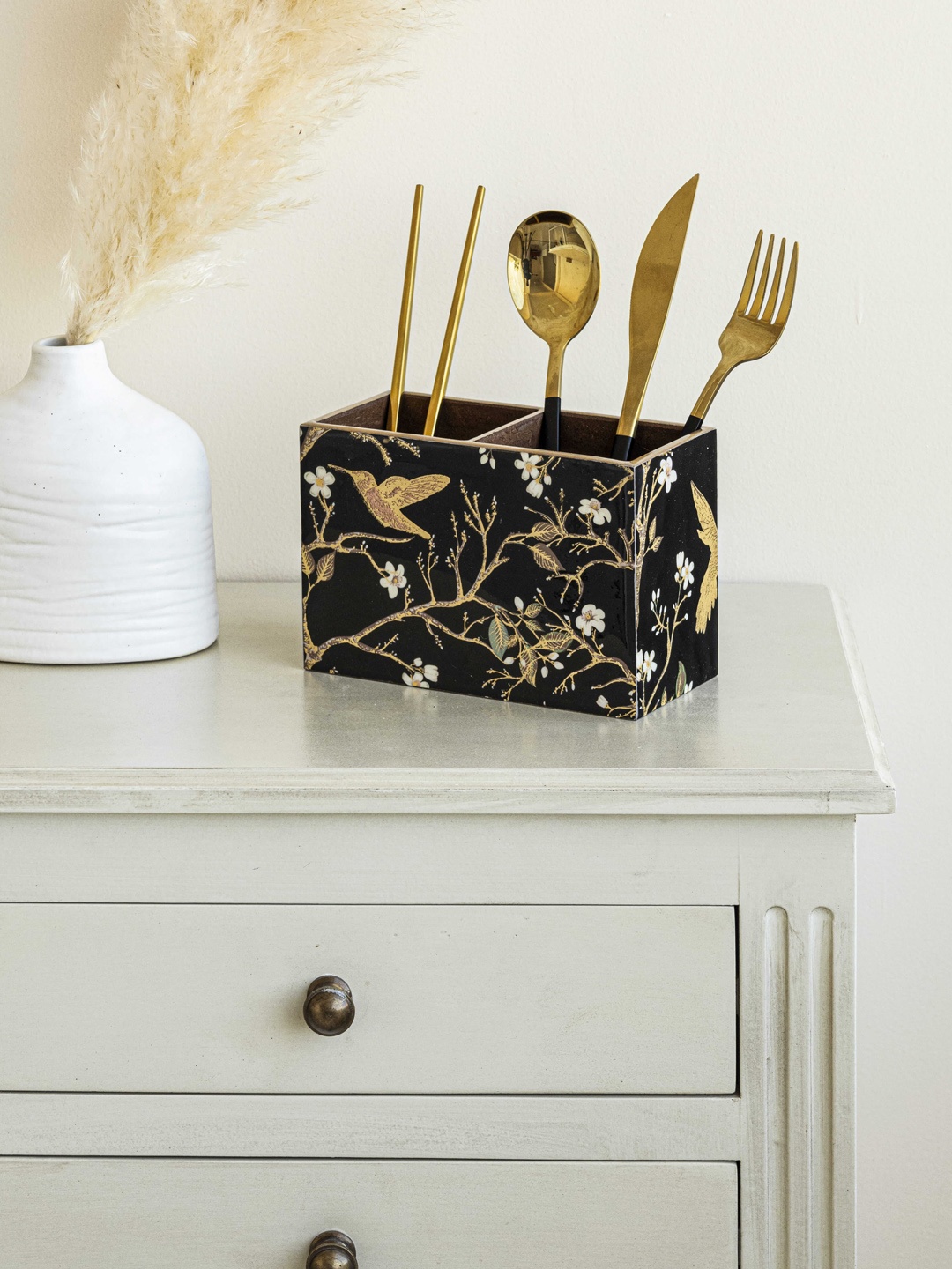 

Clasiko Black & Yellow Printed Wooden Cutlery Holder