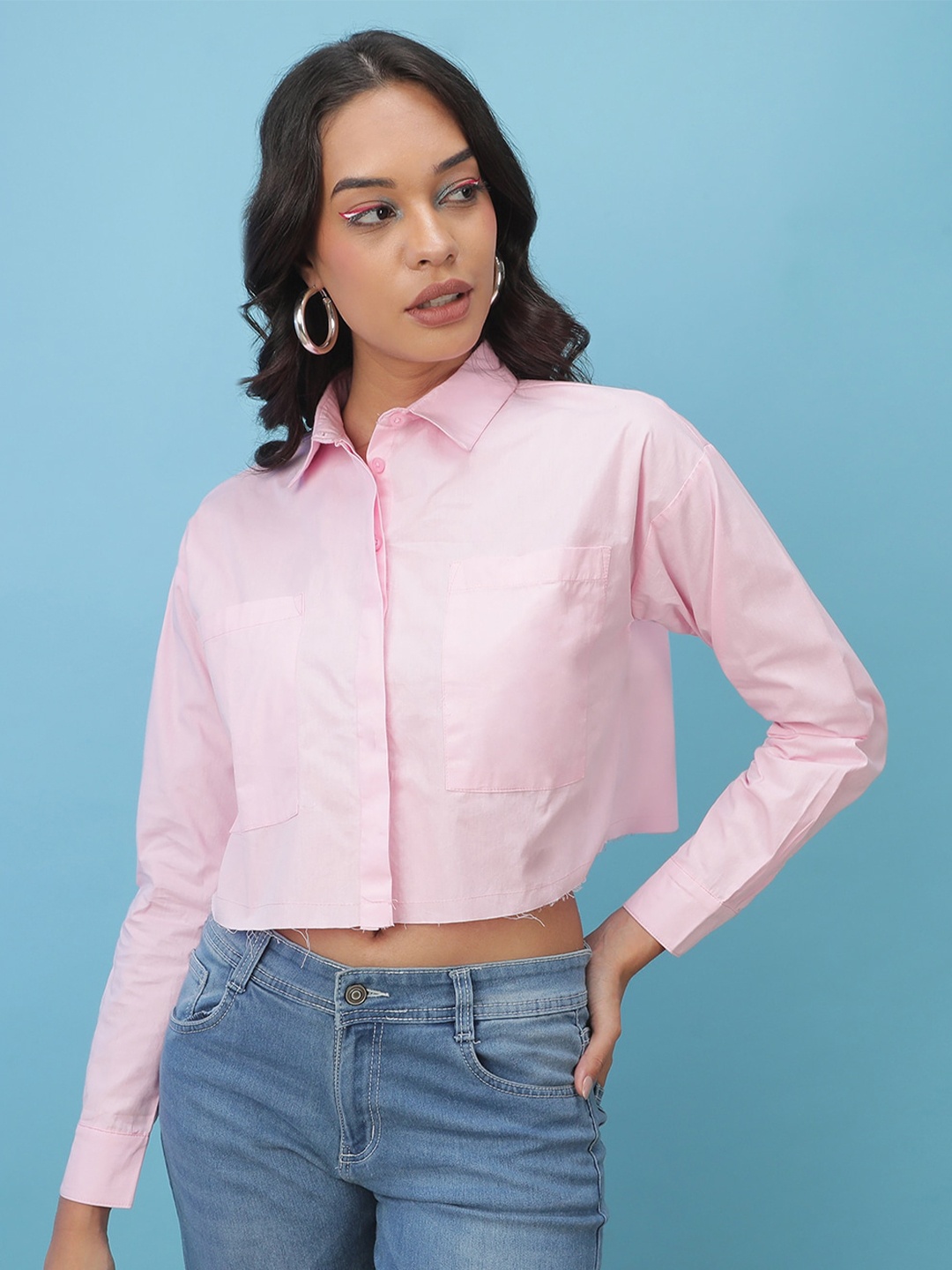 

Freehand by The Indian Garage Co Pink Cuffed Sleeves Shirt Style Crop Top