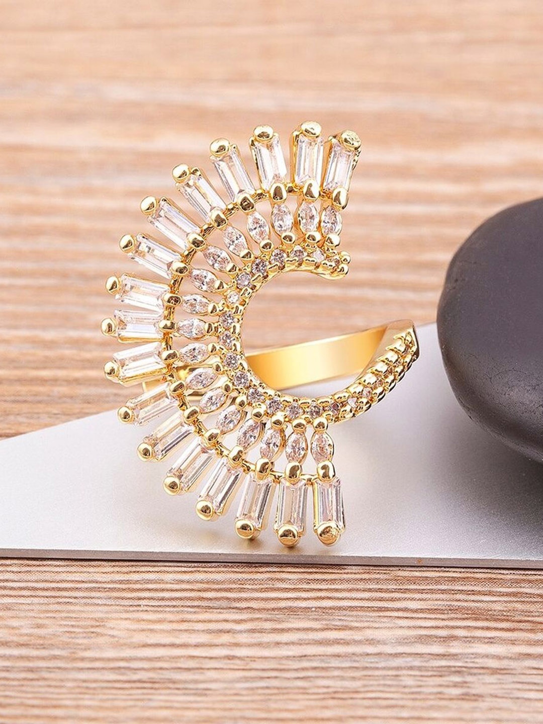 

ZIVOM Gold-Plated & CZ-Studded Adjustable Finger Ring
