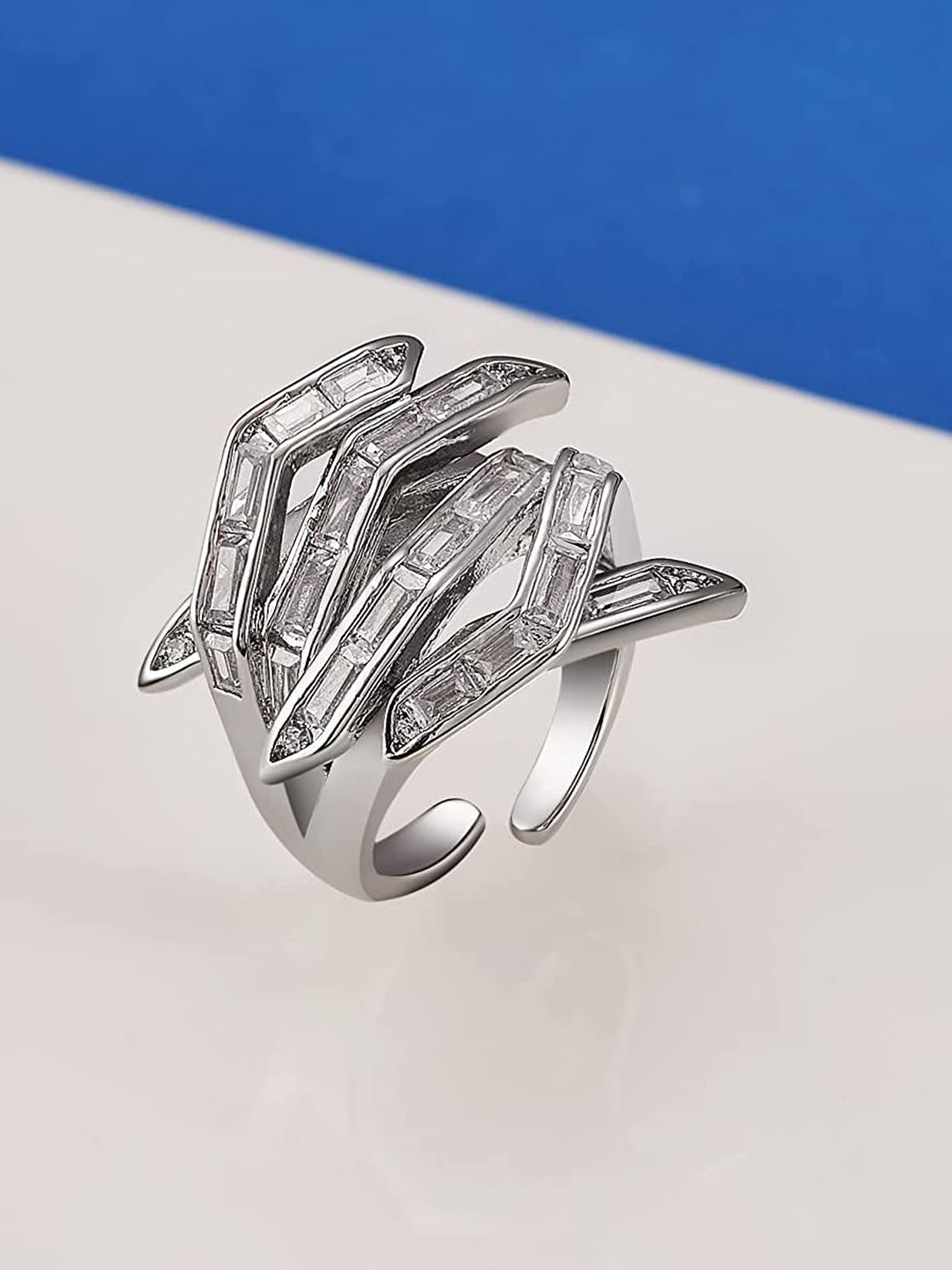 

ZIVOM Silver-Plated CZ & Crystals Studded Adjustable Finger Ring