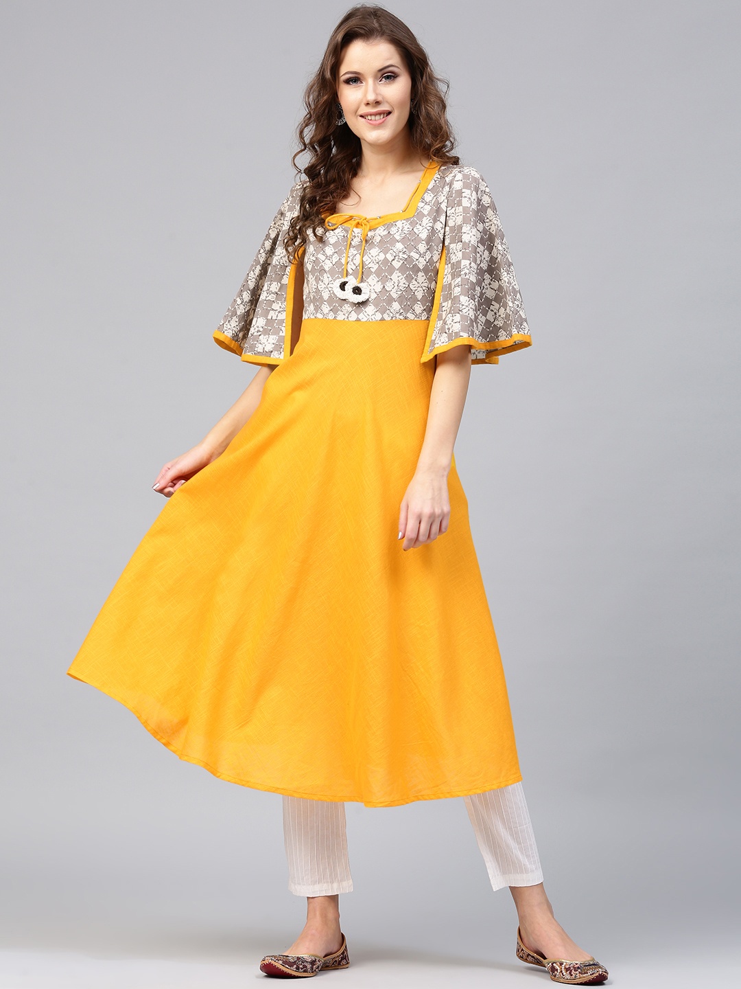 

AKS Women Yellow & Grey Yoke Design Anarkali Kurta