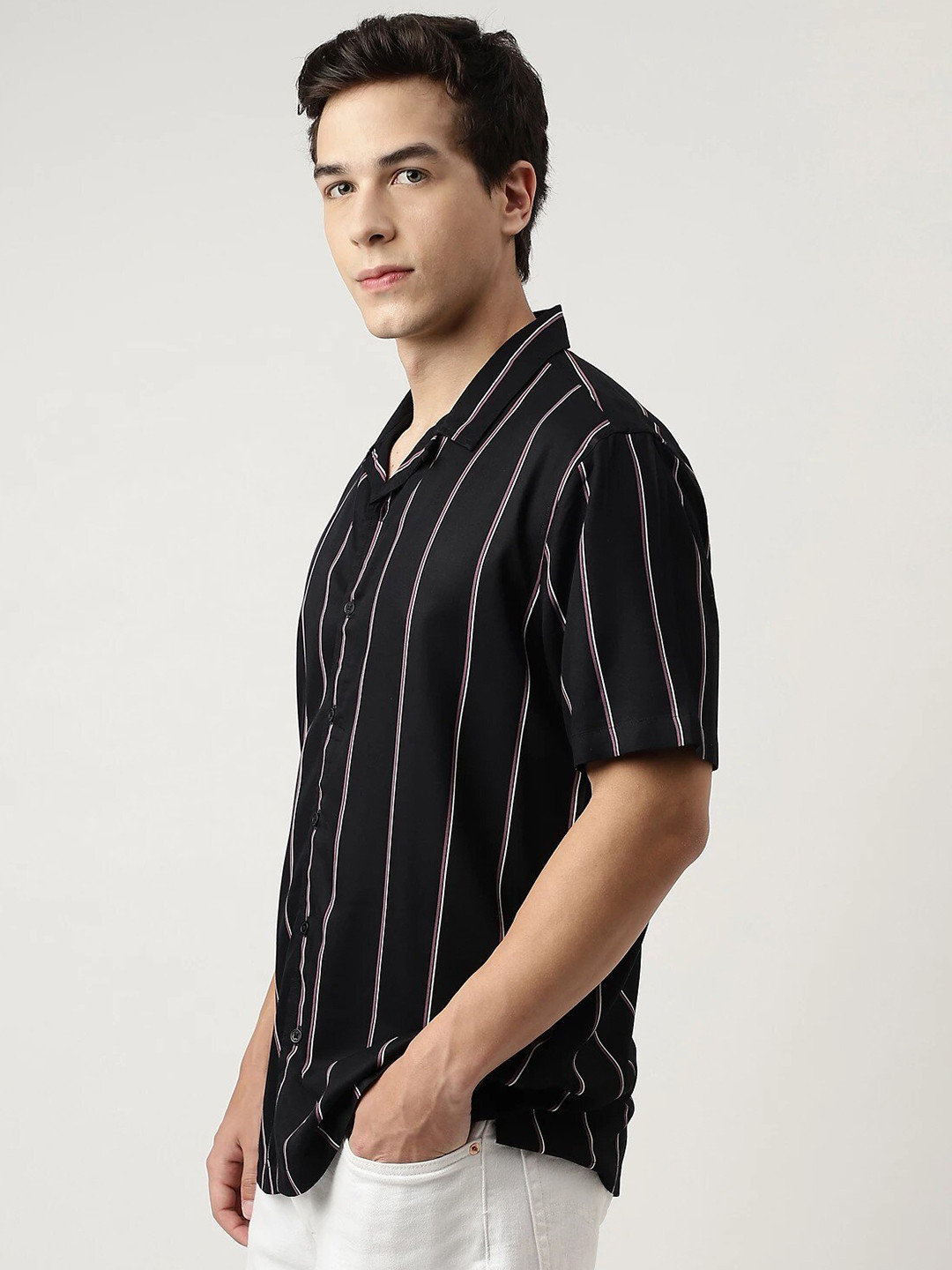 

Marks & Spencer Striped Short Sleeves Cuban Collar Casual Shirt, Black