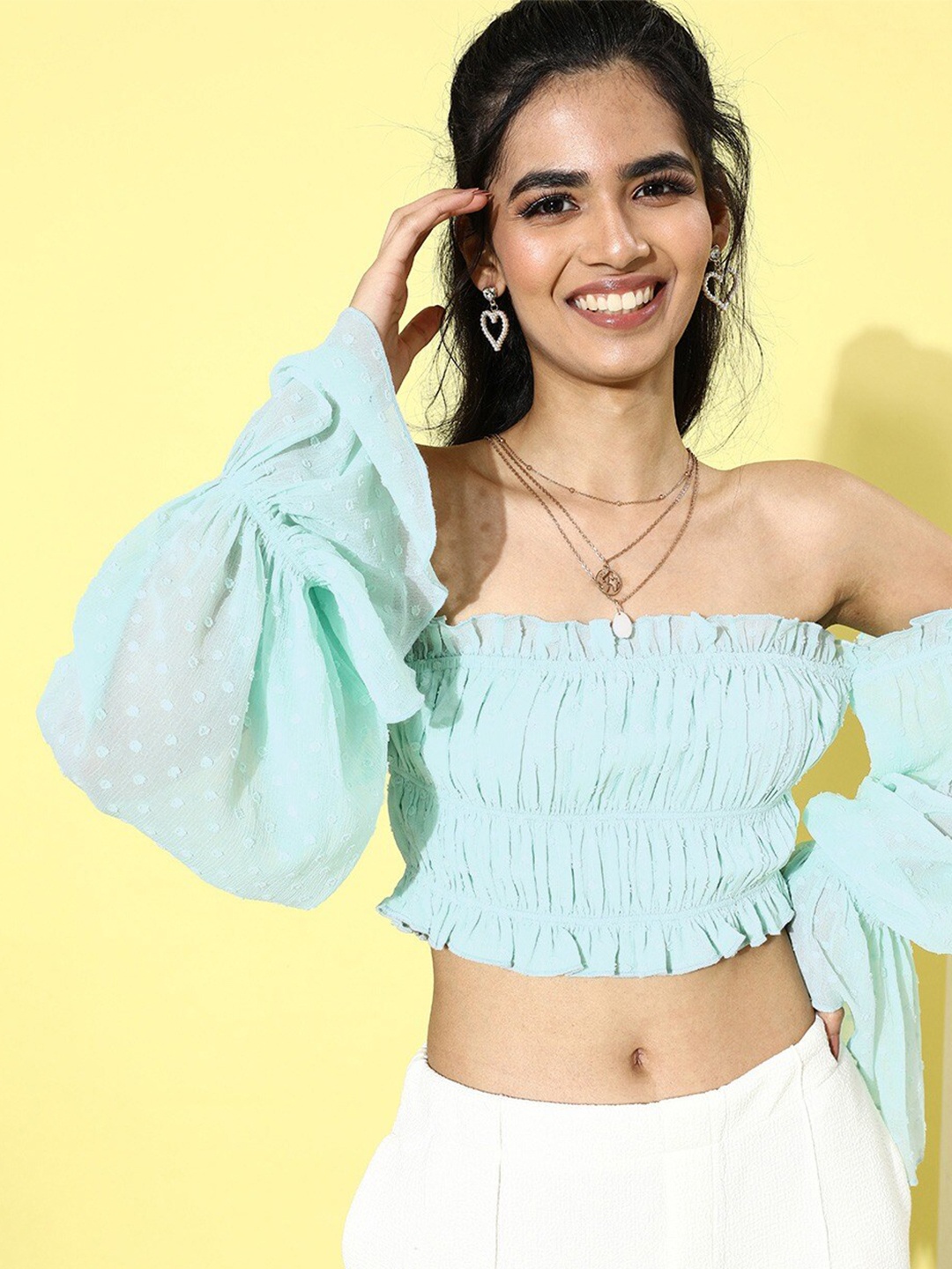

HERE&NOW Green Off-Shoulder Bell Sleeve Opaque Bardot Crop Top