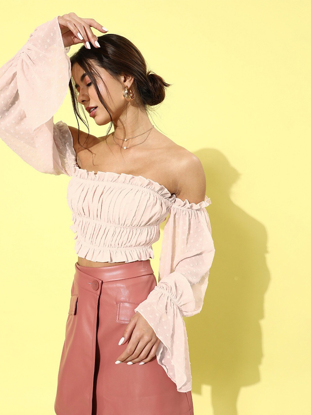 

HERE&NOW Puff Sleeves Pleated Bardot Crop Top, Beige