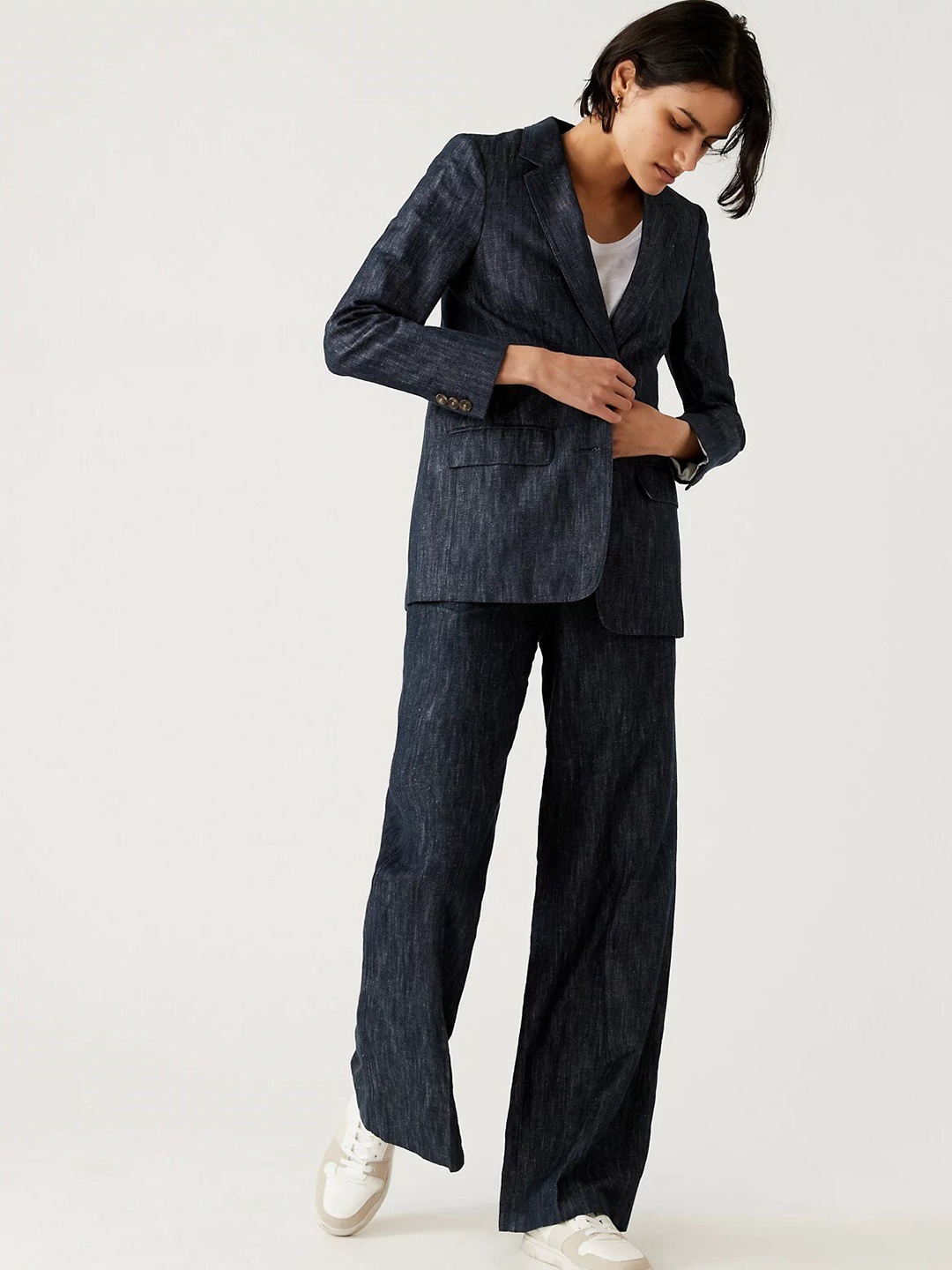

Marks & Spencer Women Self-Design Linen Single-Breasted Blazer, Navy blue