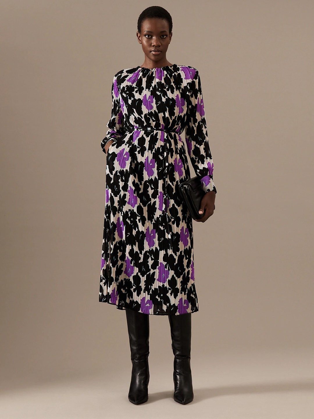 

Marks & Spencer Floral Printed A-Line Midi Dress With Belt, Black