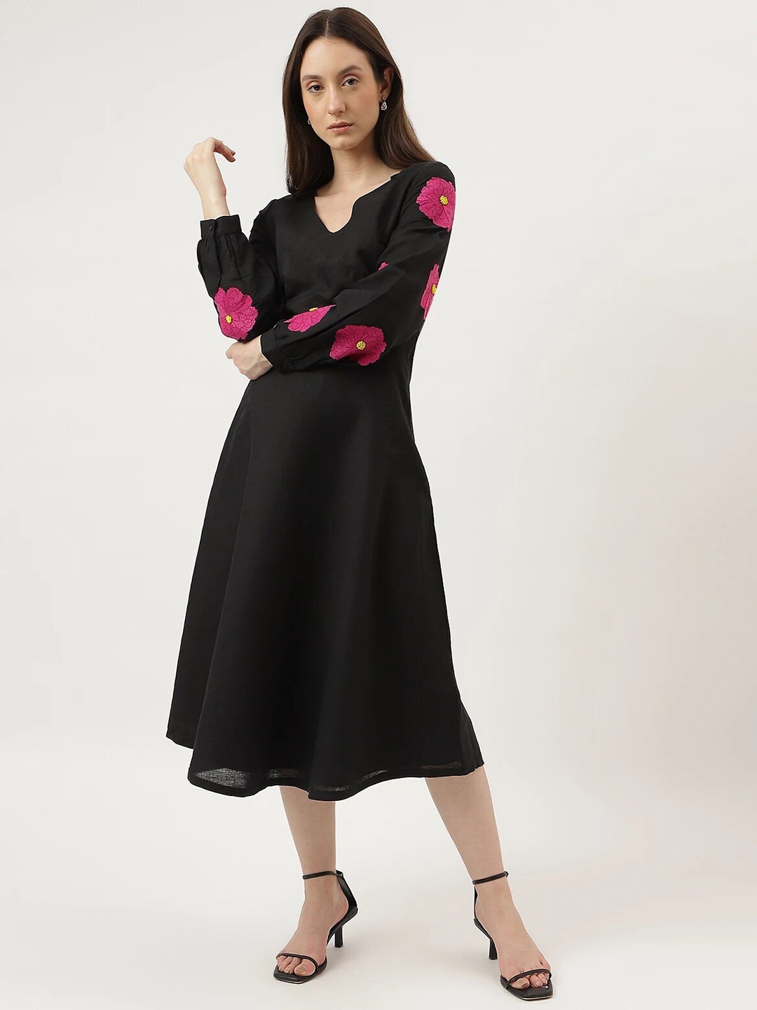 

Marks & Spencer V-Neck Floral Embroidered Linen A-Line Midi Dress, Black