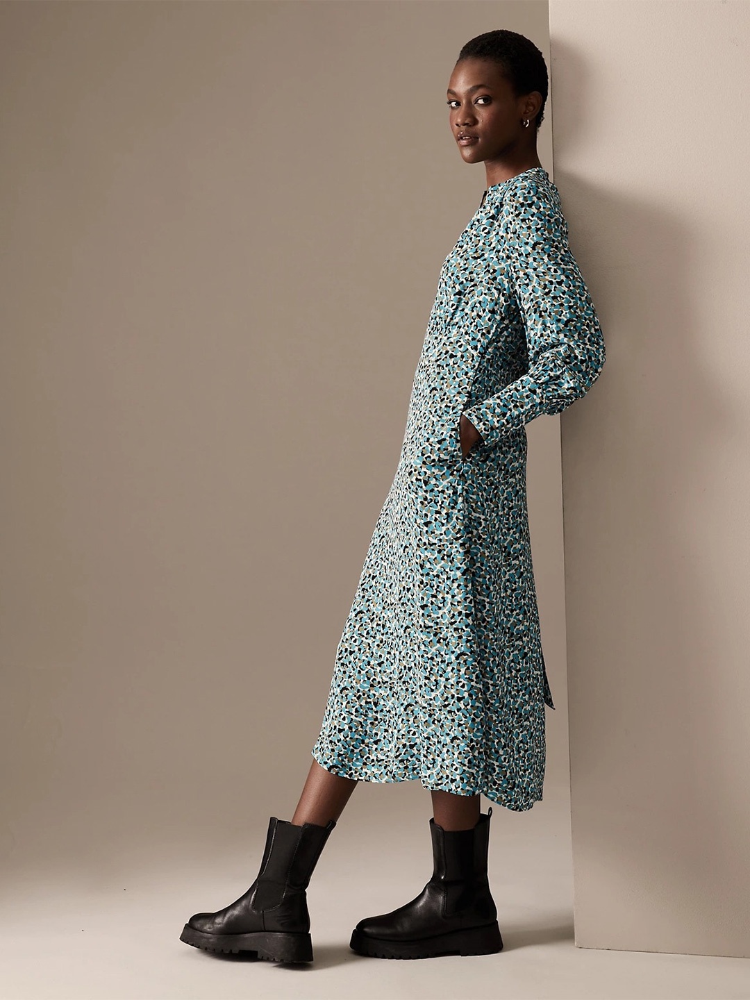 

Marks & Spencer Band Collar Animal Printed Puff Sleeve A-Line Midi Dress, Turquoise blue