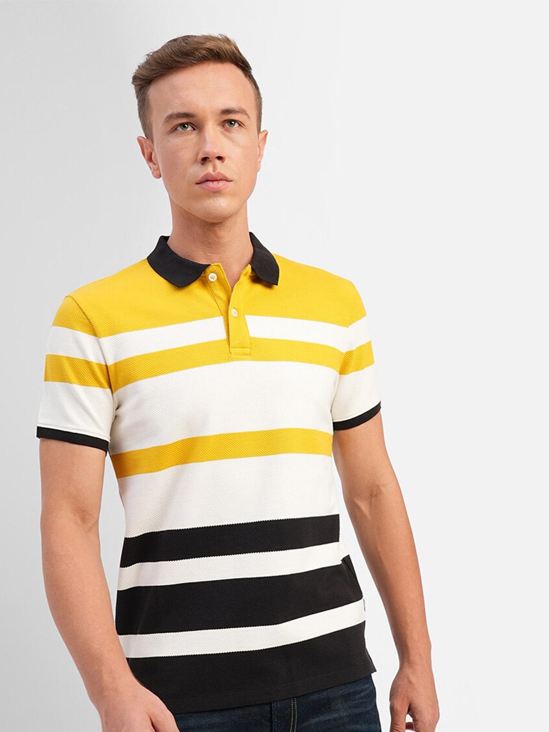 

Jack & Jones Striped Polo Collar Slim Fit Cotton T-shirt, Yellow