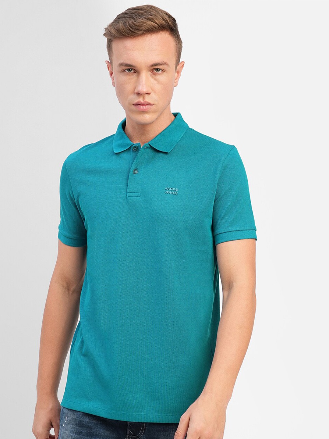

Jack & Jones Polo Collar Short Sleeves Slim Fit Cotton T-shirt, Teal