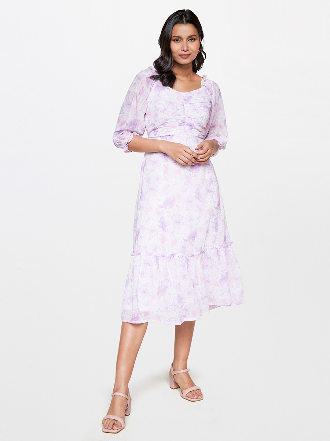 

AND Floral Print Puff Sleeve A-Line Midi Dress, White