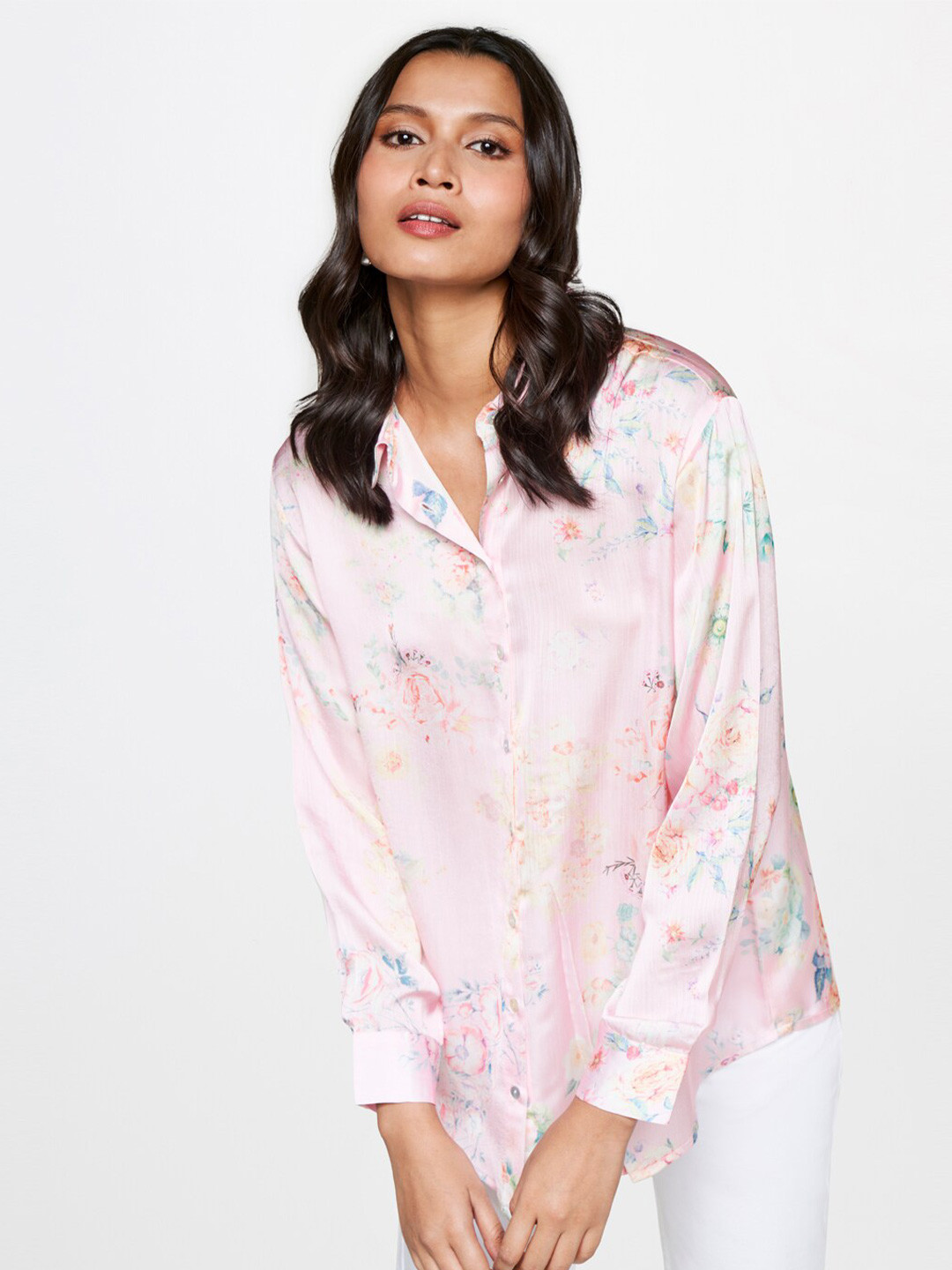 

AND Floral Printed Spread Collar Shirt, Pink