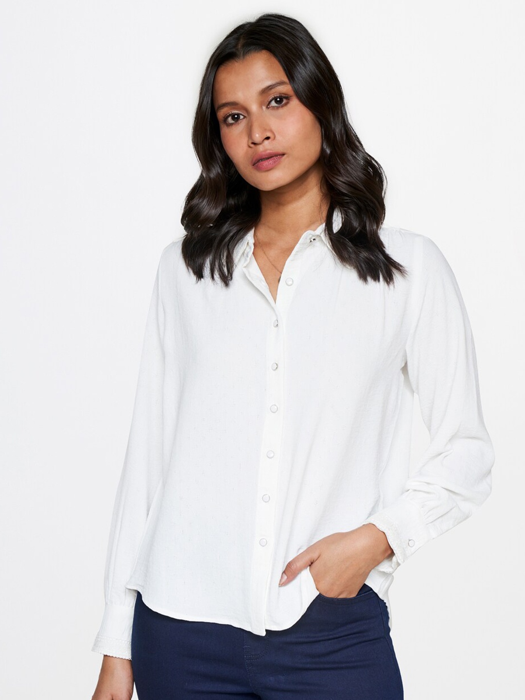 

AND Shirt Collar Puff Sleeves Top, White