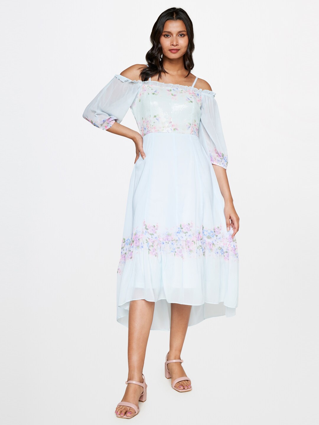

AND Floral Puff Sleeve Fit & Flare Midi Dress, Blue