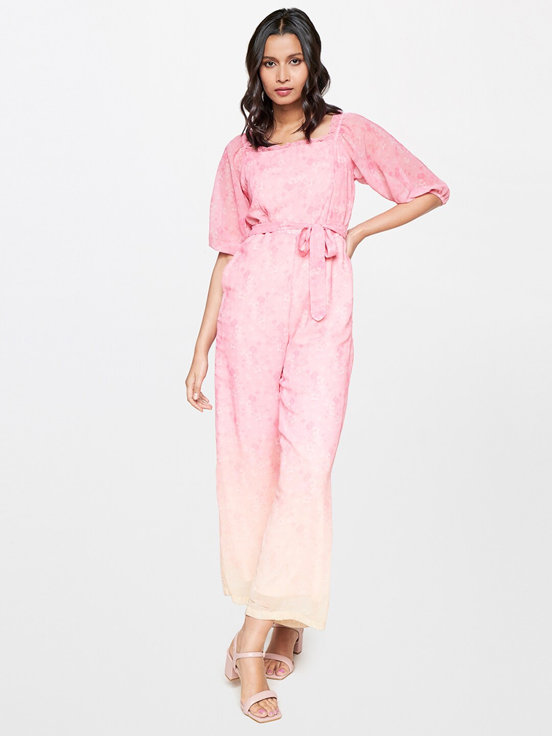 

AND Printed Square Neck Basic Jumpsuit, Pink