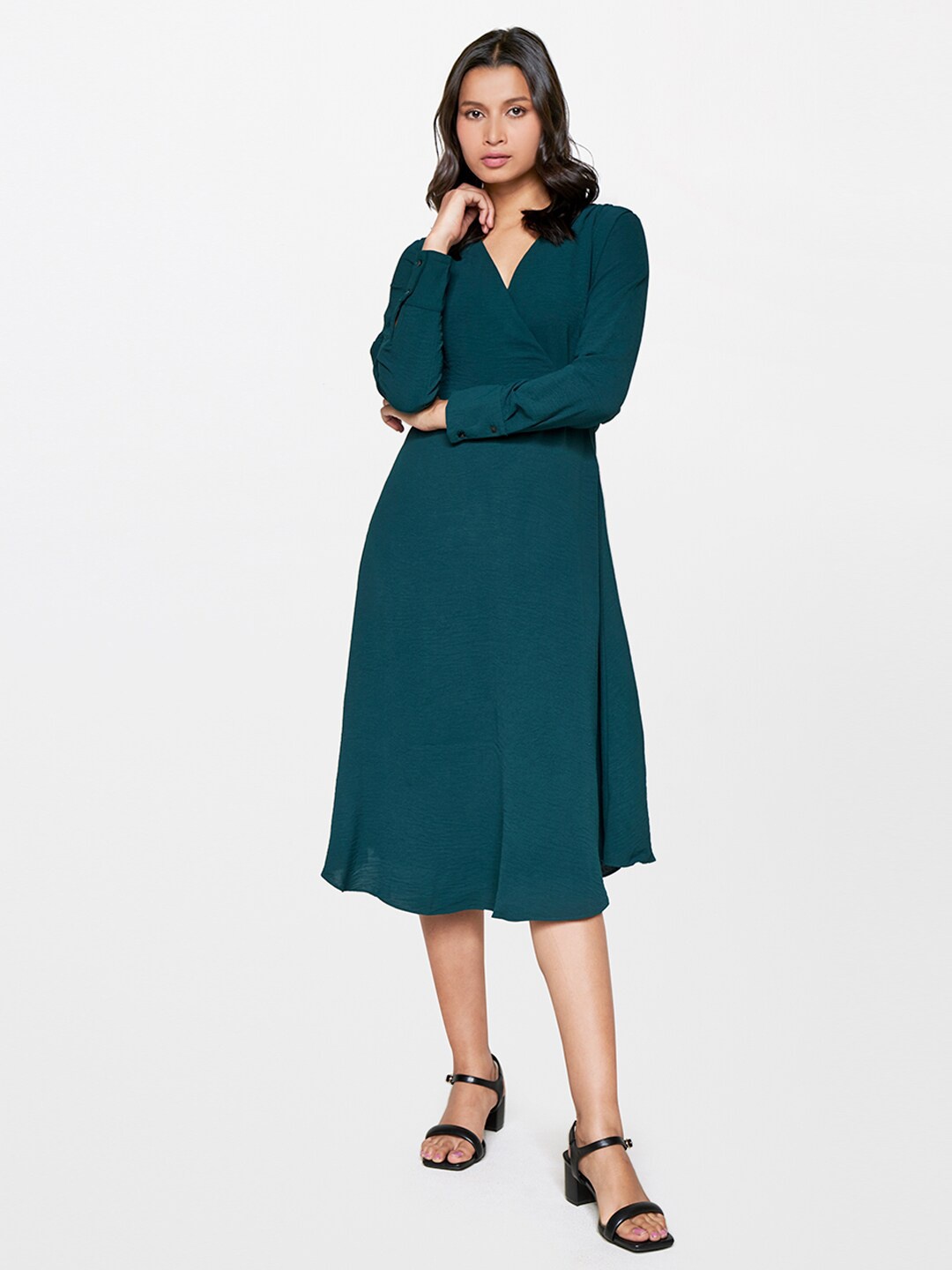 

AND Cuffed Sleeves Wrap Midi Dress, Green