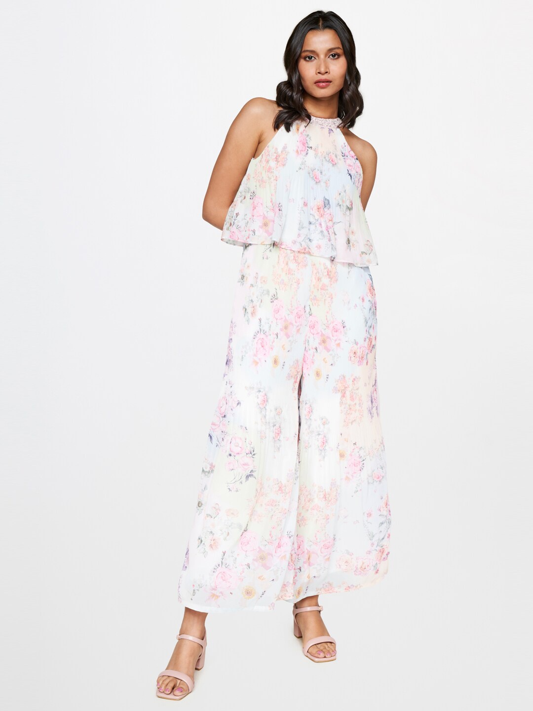 

AND Printed Halter Neck Basic Jumpsuit, White