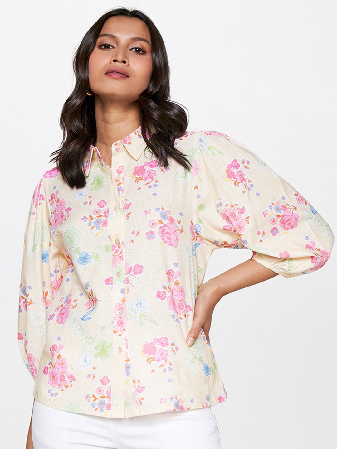 

AND Floral Printed Puff Sleeve Shirt, Yellow