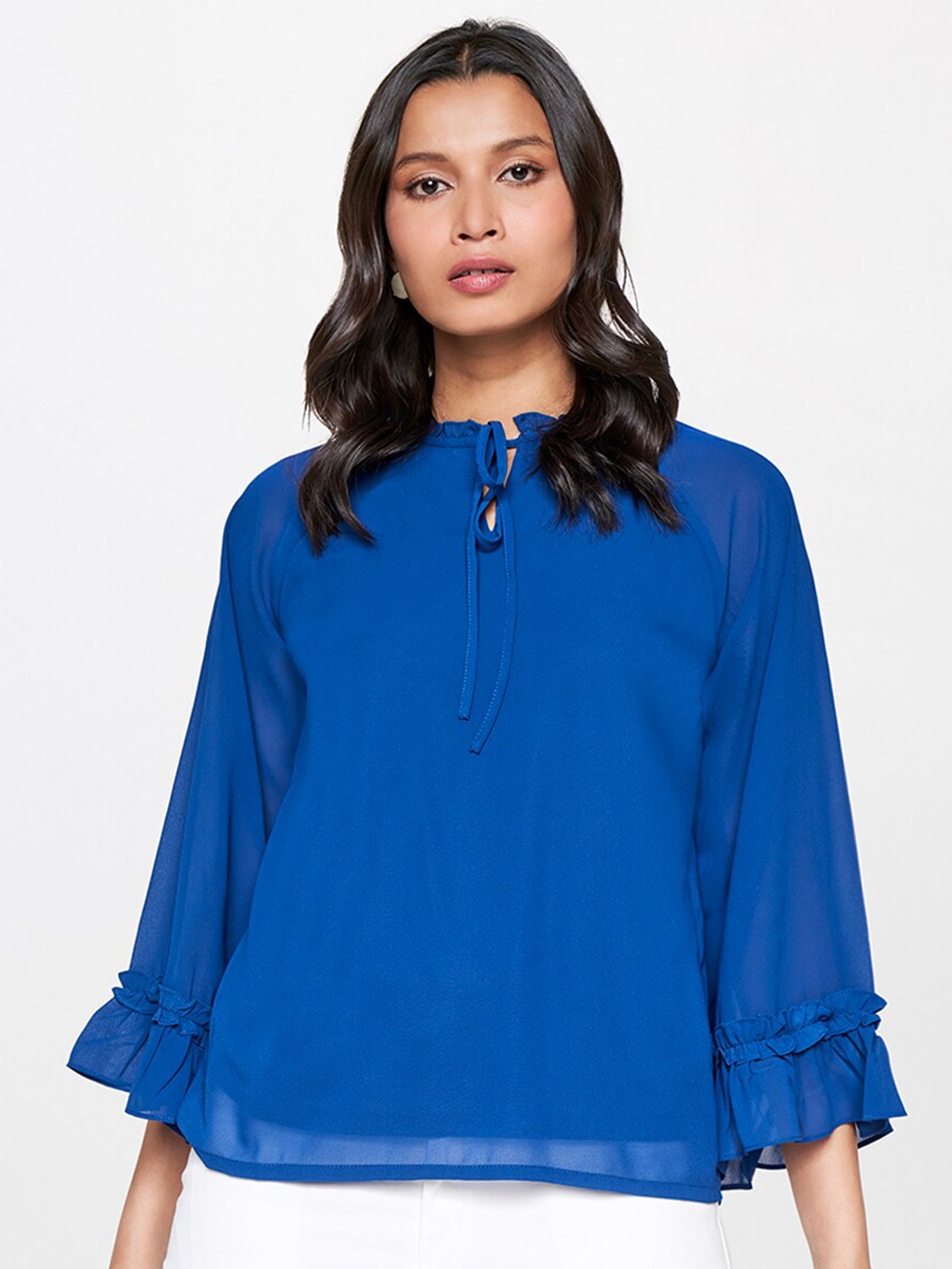 

AND Tie-Up Neck Gathered Or Pleated Top, Blue