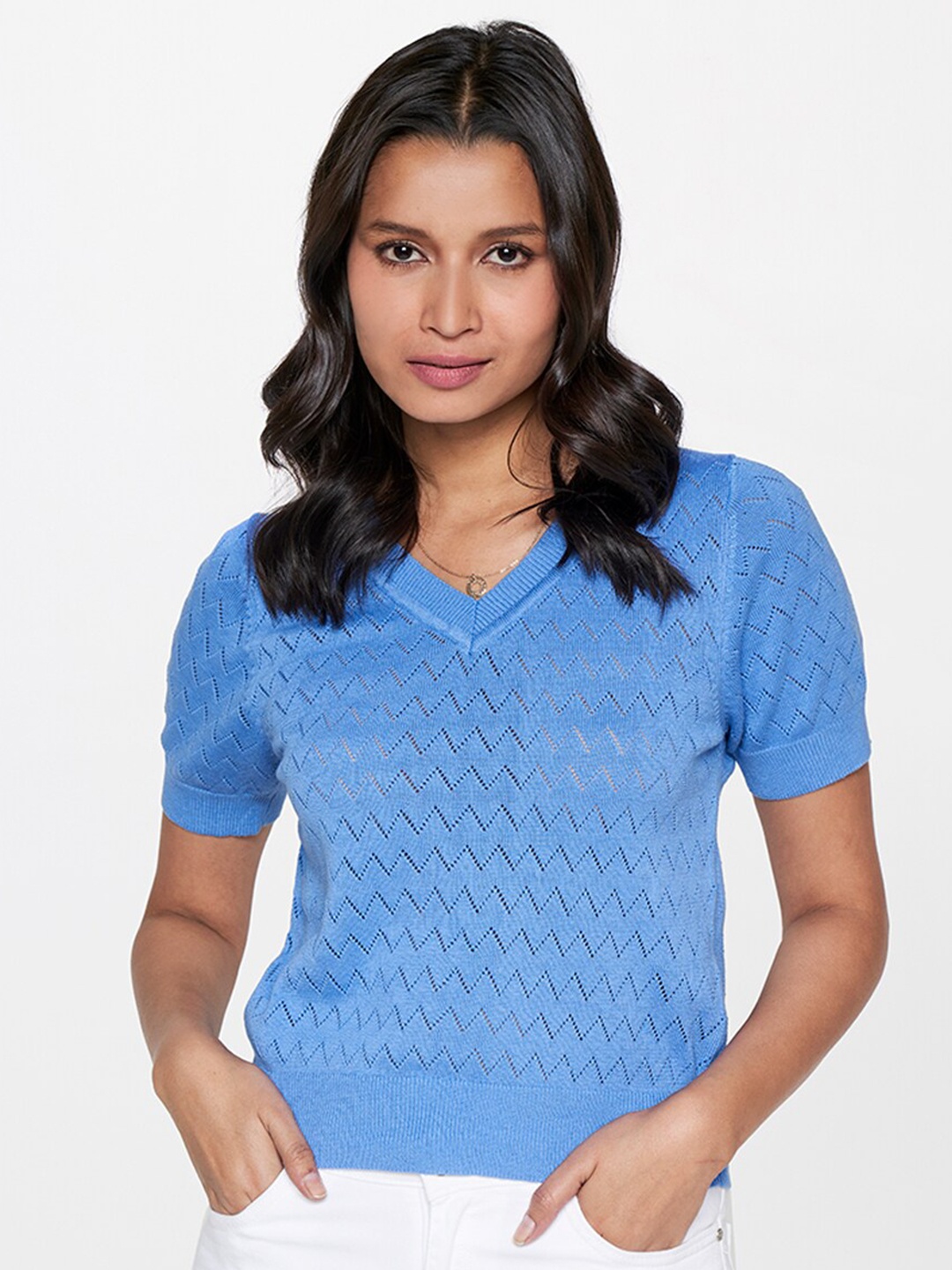 

AND Self Design V-Neck Cotton Top, Blue