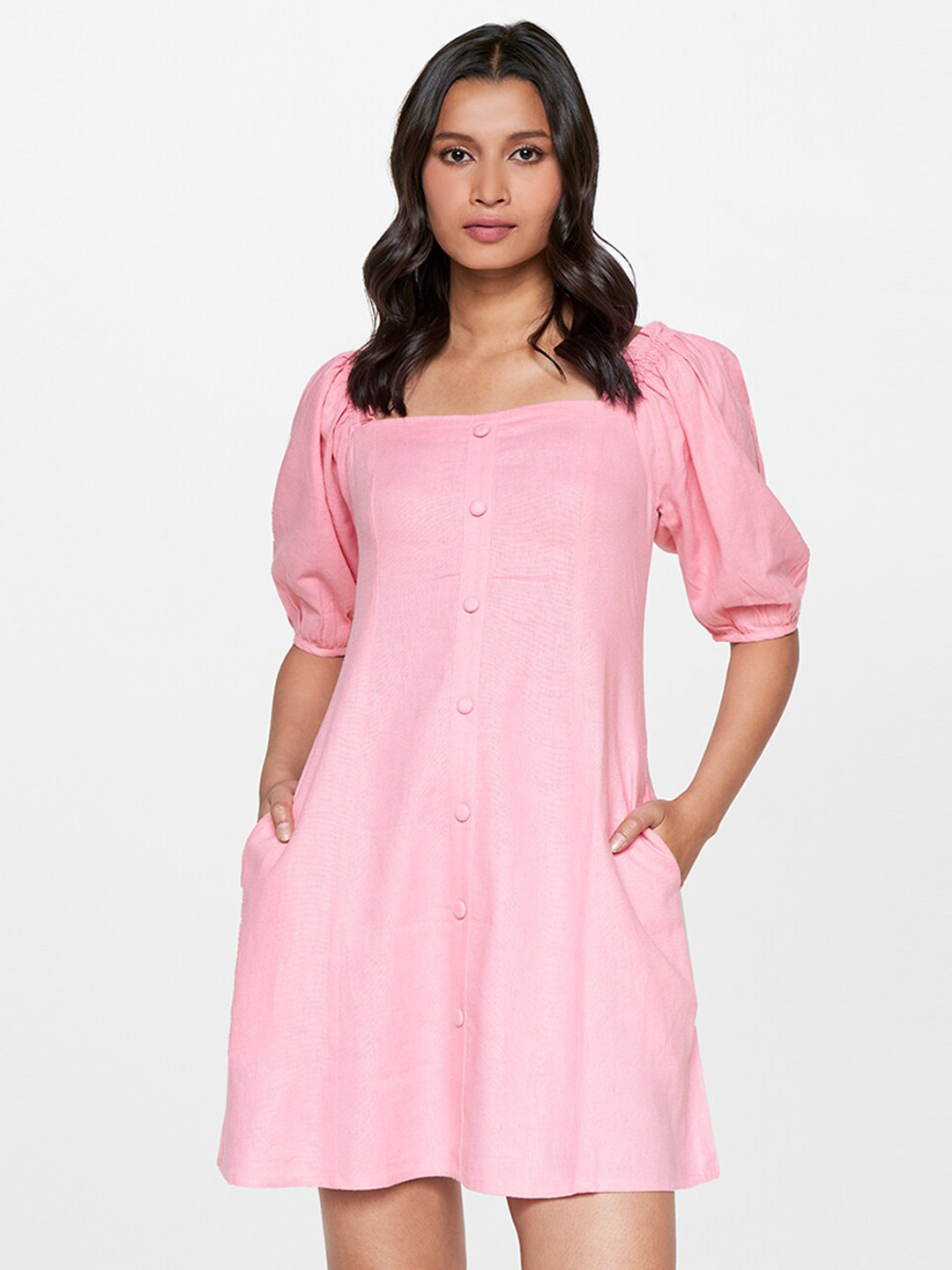 

AND Square Neck Puff Sleeve A-Line Dress, Pink