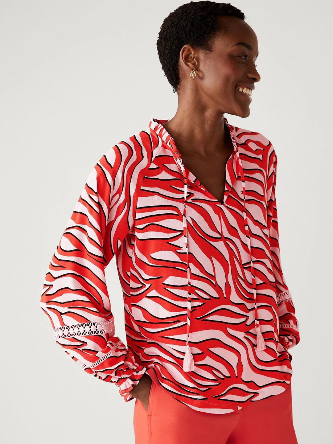 

Marks & Spencer Animal Printed Tie-Up Neck Long Sleeves Regular Top, Red