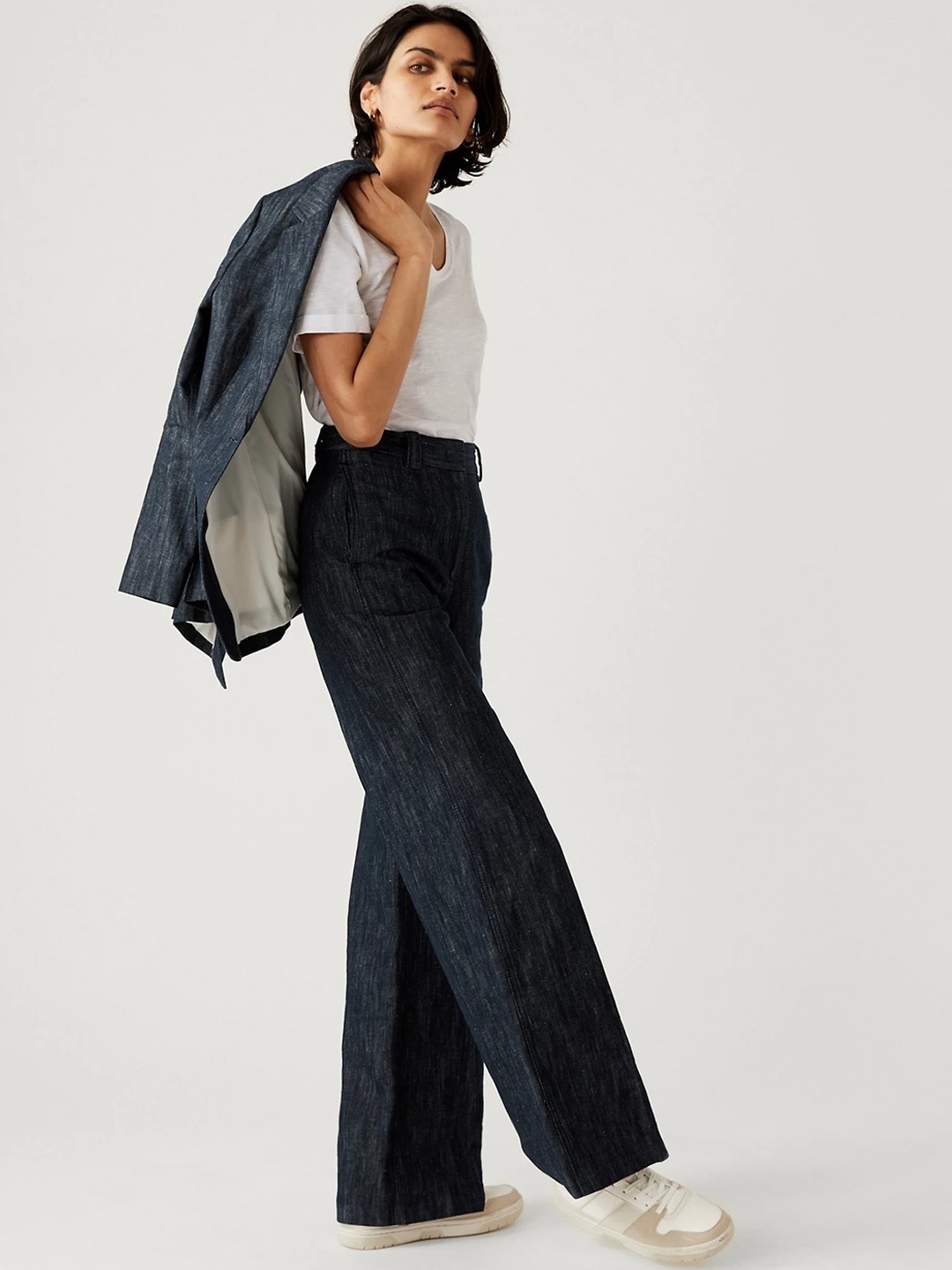 

Marks & Spencer Women Straight Fit High-Rise Cotton Linen Parallel Trousers, Navy blue