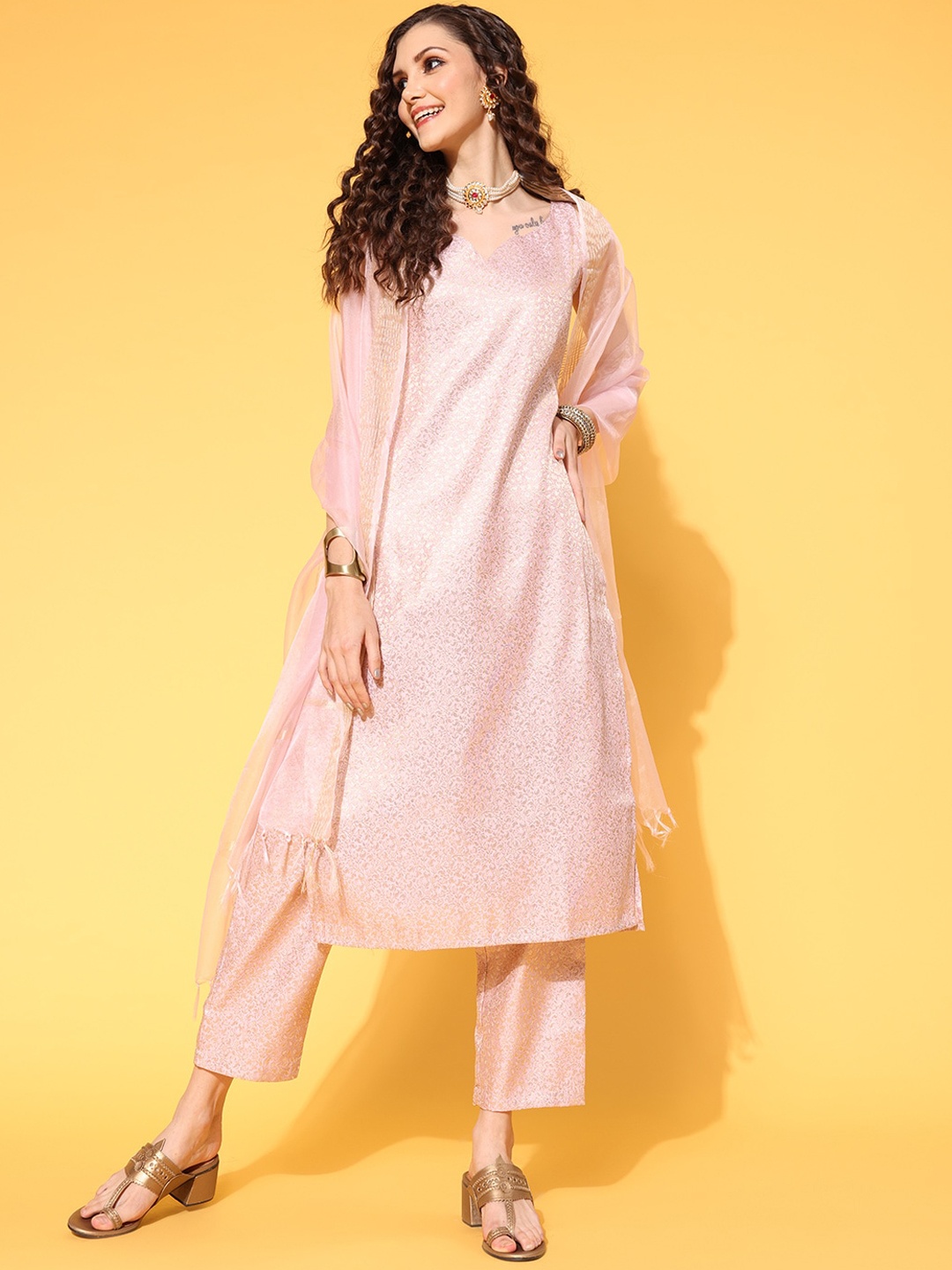 

anayna Peach-Coloured Paisley Woven Design Kurta with Trousers & Dupatta