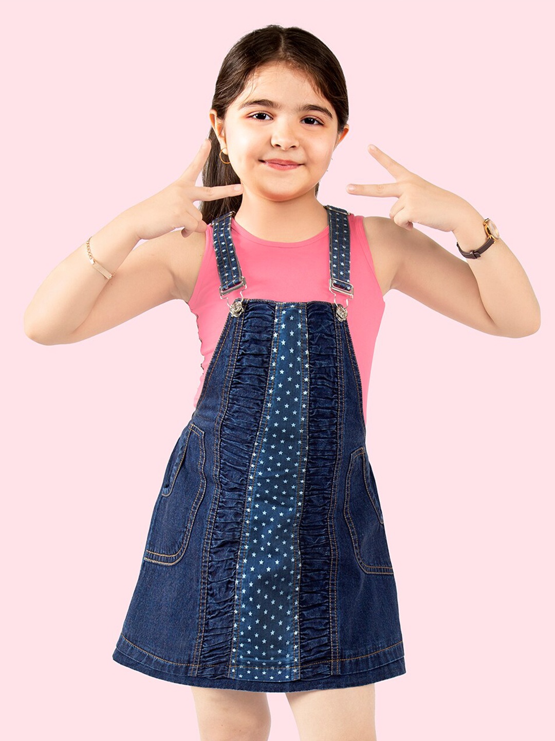 Naughty Ninos Girls Pure Cotton Pinafore Dress With T-Shirt, Blue