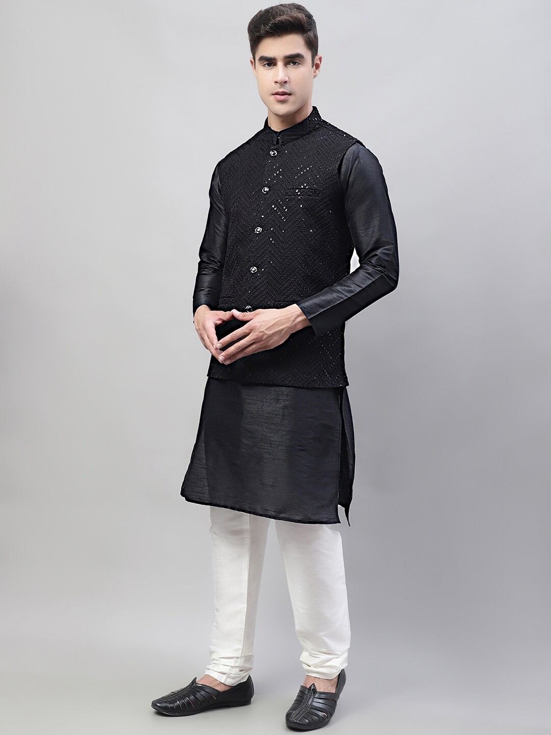 

Jompers Mandarin Collar Sequinned Kurta with Churidar With Embroidered Nehru Jacket, Black