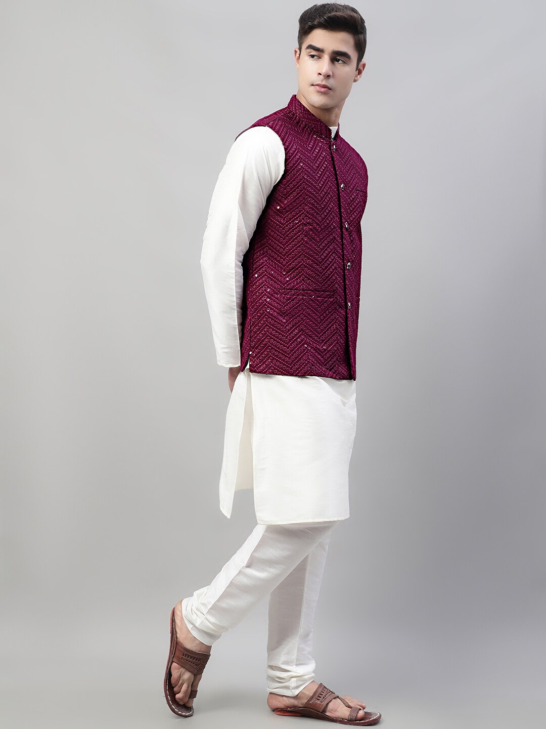 

Jompers Mandarin Collar Sequinned Kurta with Churidar With Embroidered Nehru Jacket, Burgundy