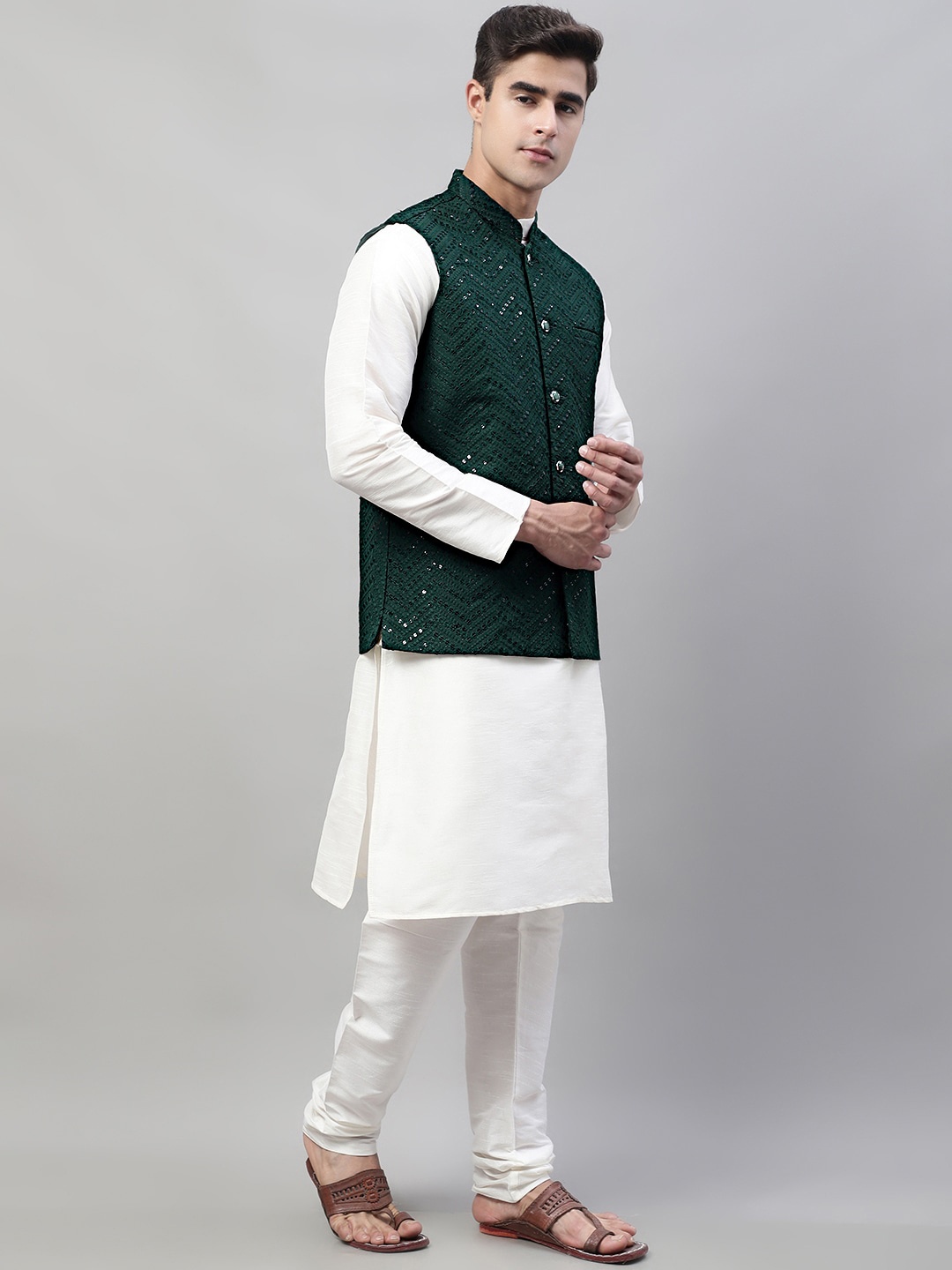 

Jompers Mandarin Collar Sequinned Kurta with Churidar With Embroidered Nehru Jacket, White