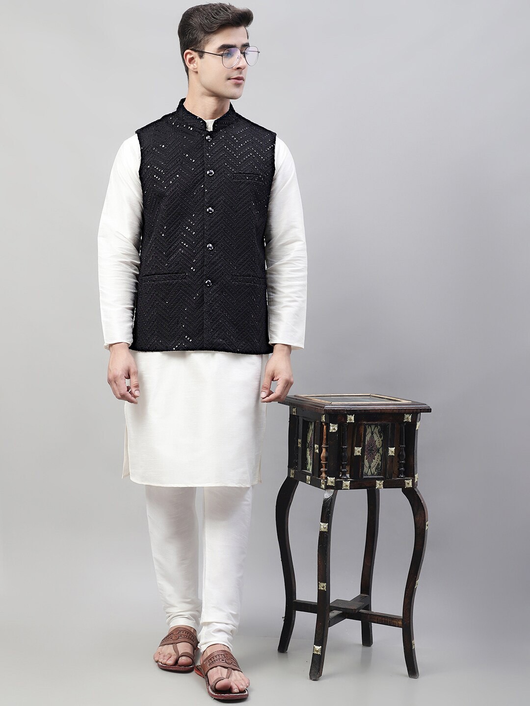 

Jompers Mandarin Collar Sequinned Kurta with Churidar With Embroidered Nehru Jacket, Black