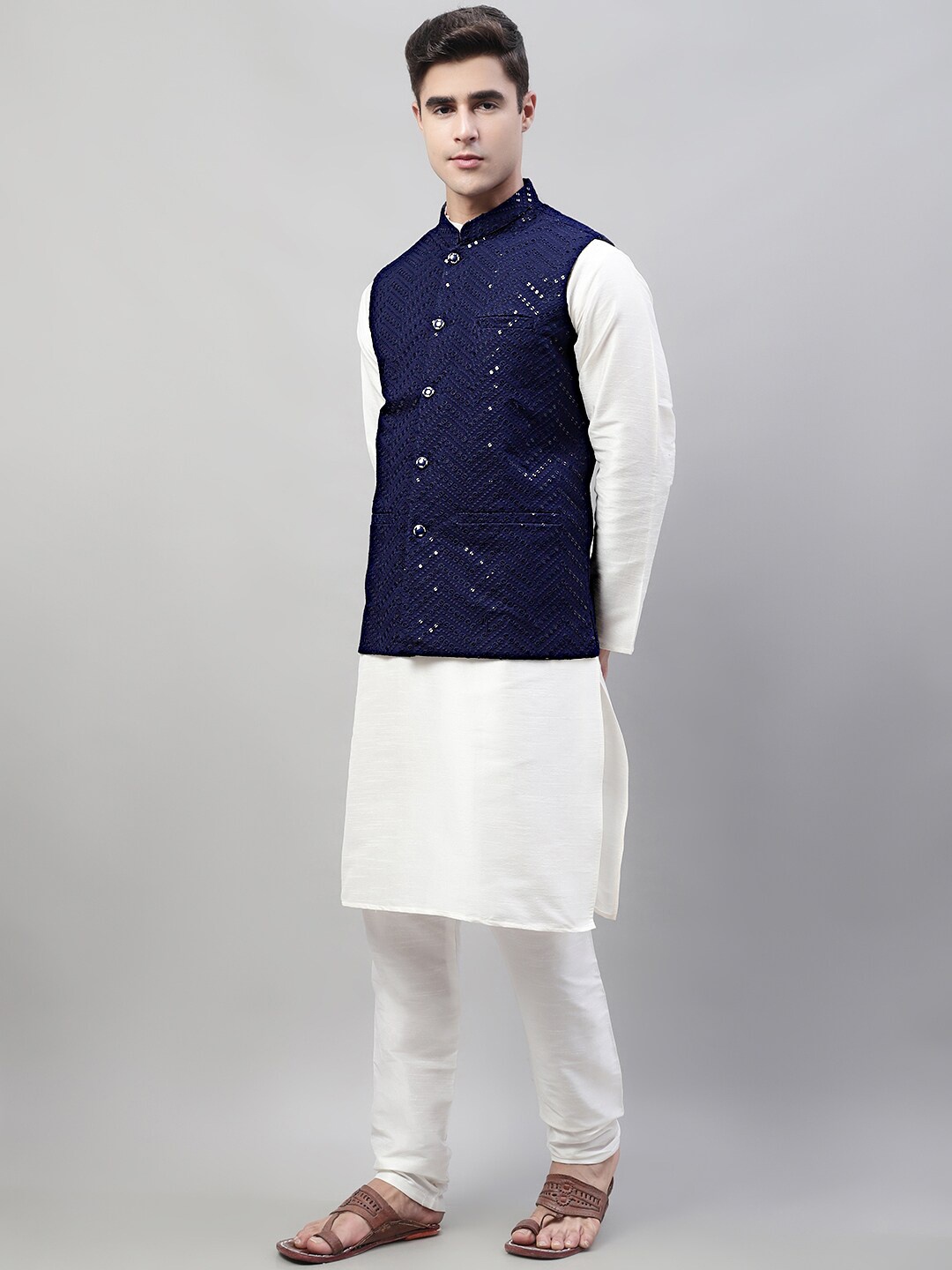 

Jompers Mandarin Collar Sequinned Kurta with Churidar With Embroidered Nehru Jacket, Navy blue