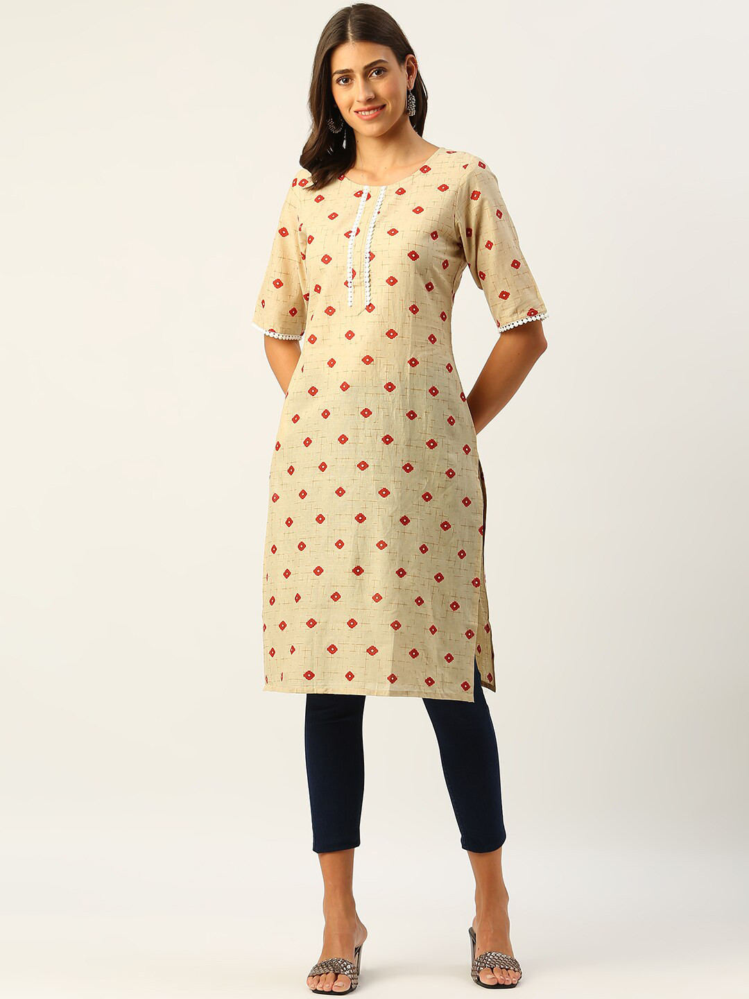 

METRO-FASHION Ethnic Motifs Printed Lace Inserted Cotton Kurta, Beige