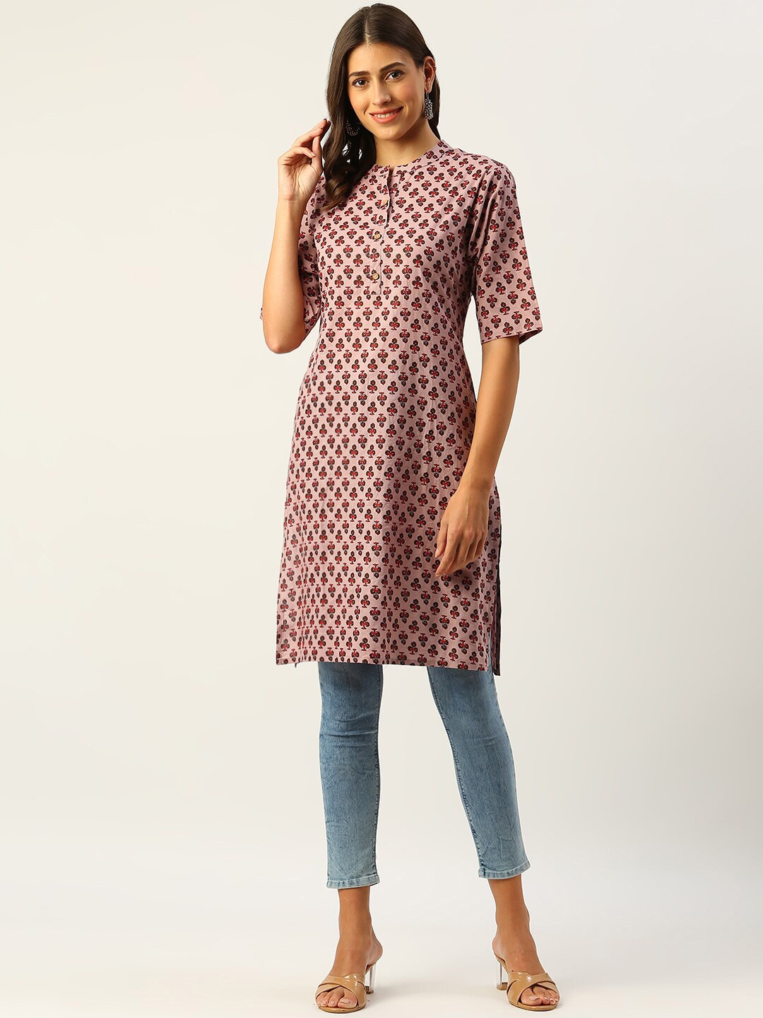 

METRO-FASHION Floral Printed Pure Cotton Kurta, Pink