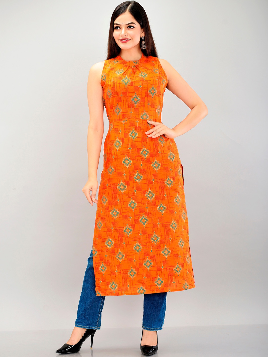 

METRO-FASHION Ethnic Motifs Printed Cotton Kurta, Orange
