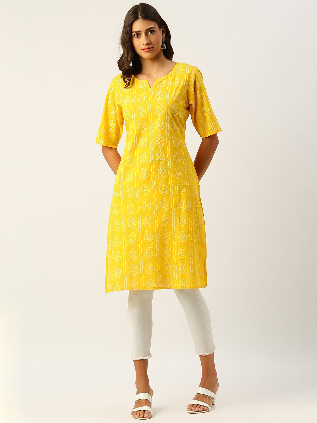 

METRO-FASHION Ethnic Motifs Printed Pure Cotton Kurta, Yellow