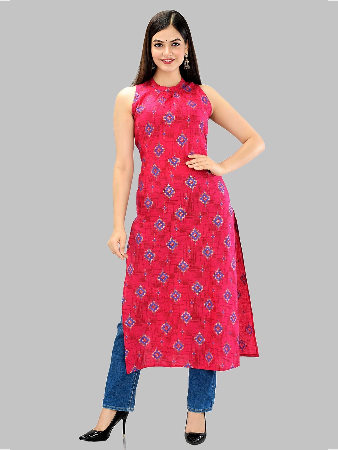 

METRO-FASHION Ethnic Motifs Printed Cotton Kurta, Pink