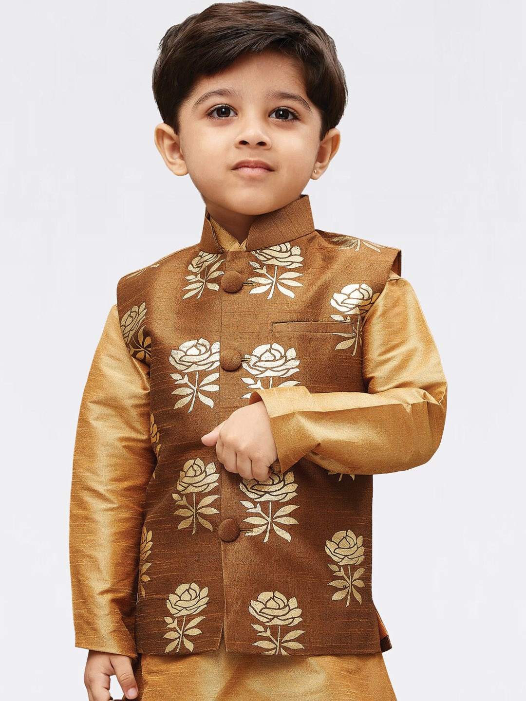 

JBN Creation Boys Mandarin Collar Floral Printed Nehru Jacket, Coffee brown