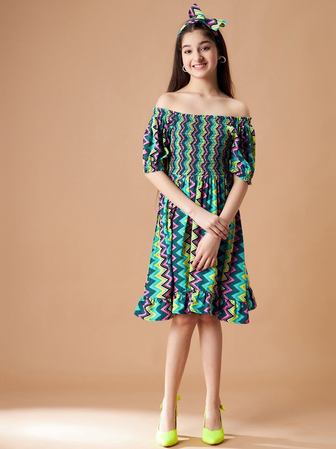 Cherry & Jerry Floral Print Off-Shoulder Crepe A-Line Dress, Green