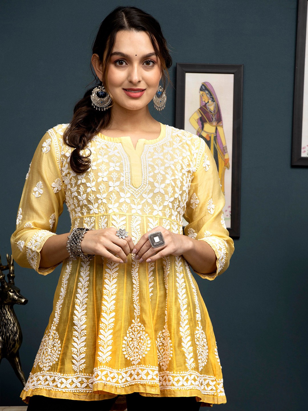 

PARAMOUNT CHIKAN Ethnic Motifs Embroidered Chikankari Chanderi Cotton Kurti, Yellow