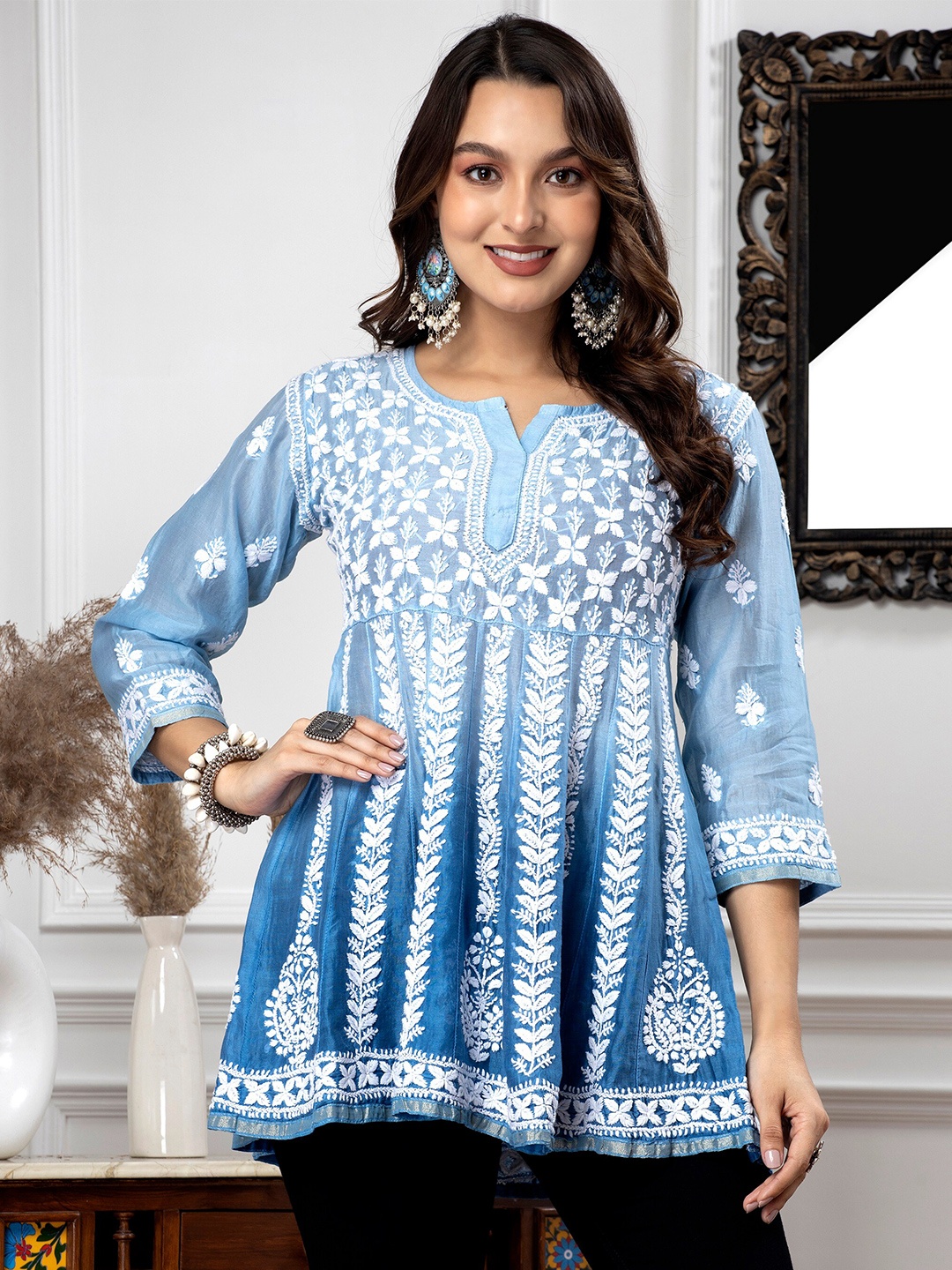 

PARAMOUNT CHIKAN Ethnic Motifs Embroidered Chikankari Chanderi Cotton Kurti, Blue