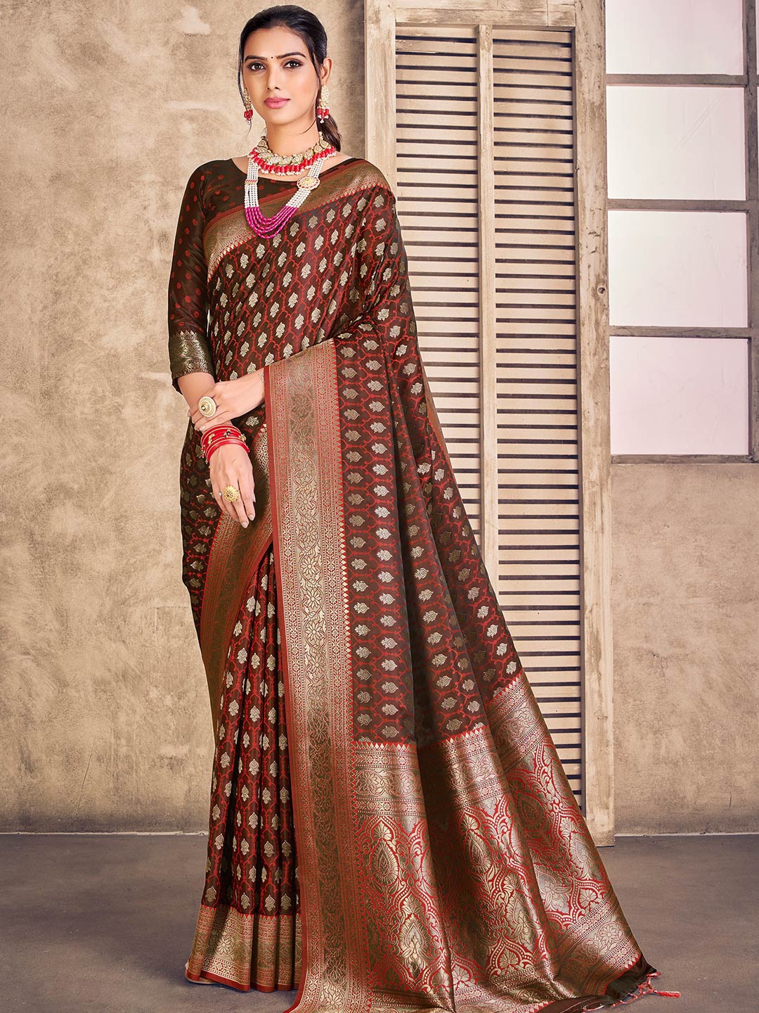 KARAGIRI Ethnic Motif Woven Design Zari Banarasi Saree, Brown