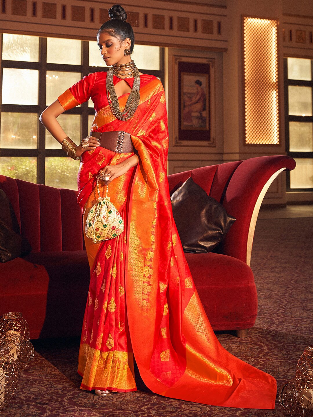 

KARAGIRI Ethnic Motif Woven Design Zari Saree, Orange