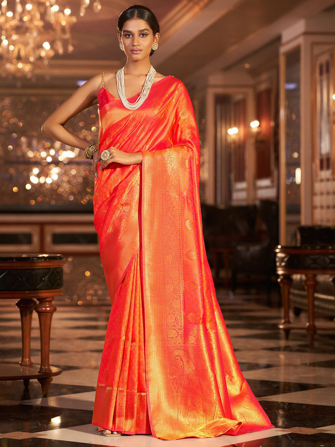 

KARAGIRI Woven Design Zari Silk Blend Saree, Orange