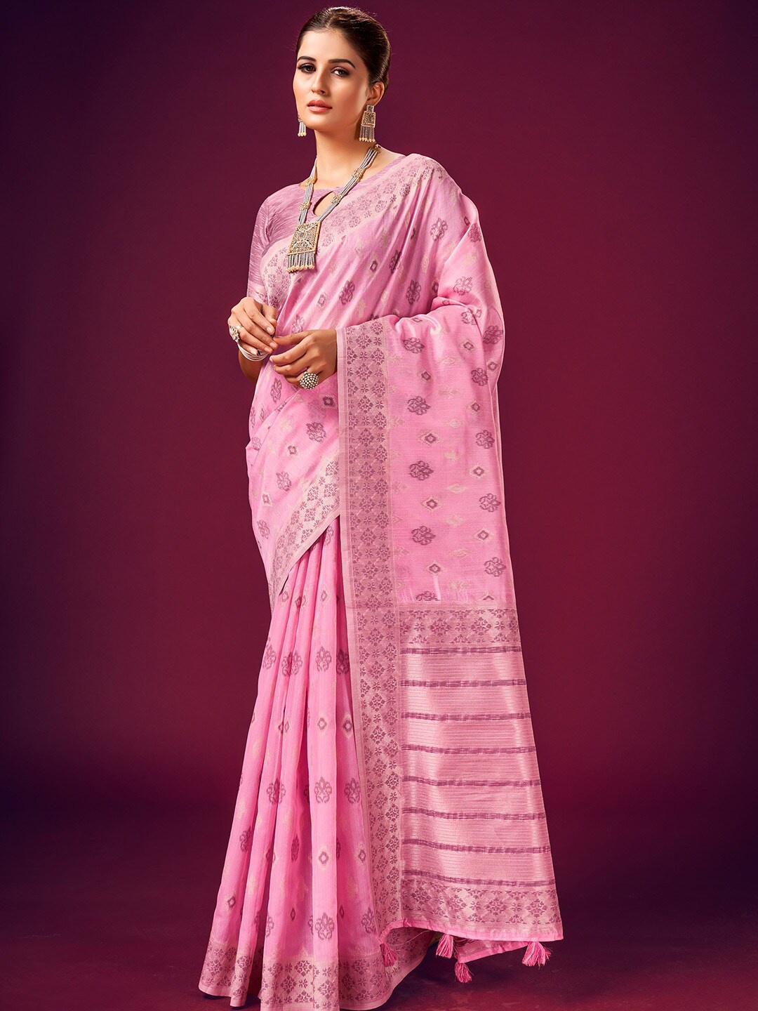

KARAGIRI Ethnic Motifs Woven Design Zari Saree, Pink